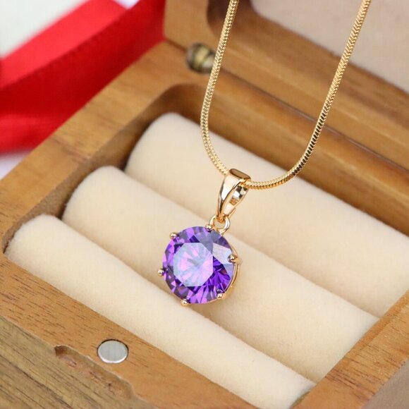 "Rose Gold Pendant with Purple Solitaire Round Stone, XPPT1257 - Picture 8 of 12
